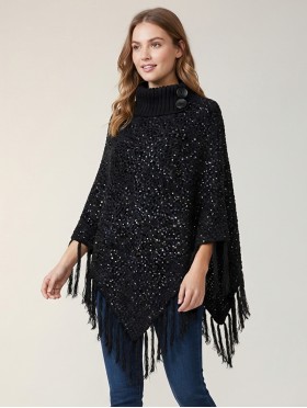 Knitted Poncho W/ Buttons and Sequins